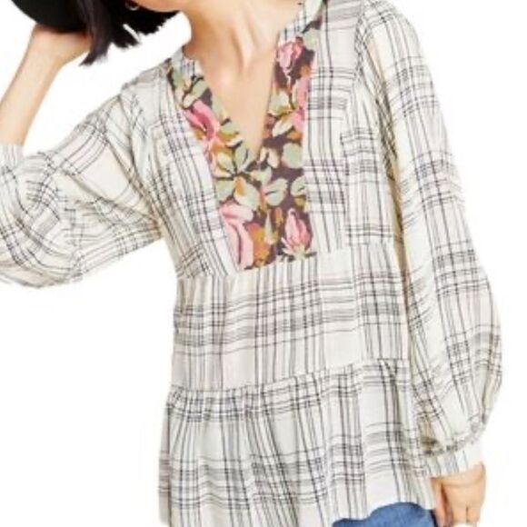 New Anthropologie Darlene Plaid Peasant Blouse Size S - Picture 1 of 9